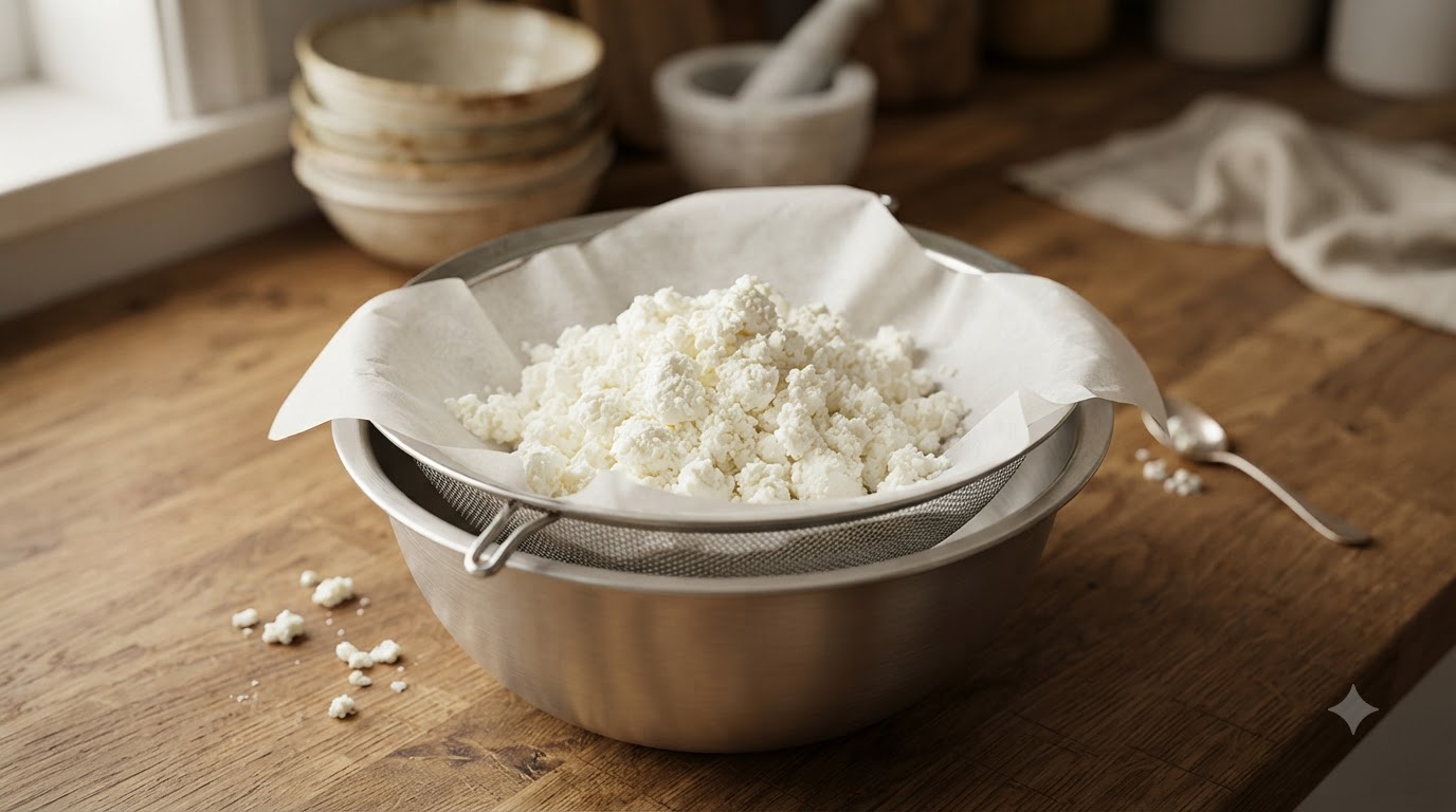 Blok świeżo przygotowanego sera ricotta spoczywający na bibule filtracyjnej w metalowym sitku.
