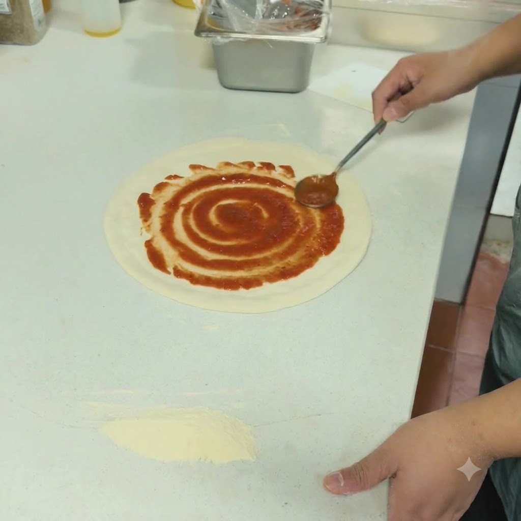 Czerwony sos pomidorowy nakładany spiralnym ruchem za pomocą łyżki na ciasto do pizzy.