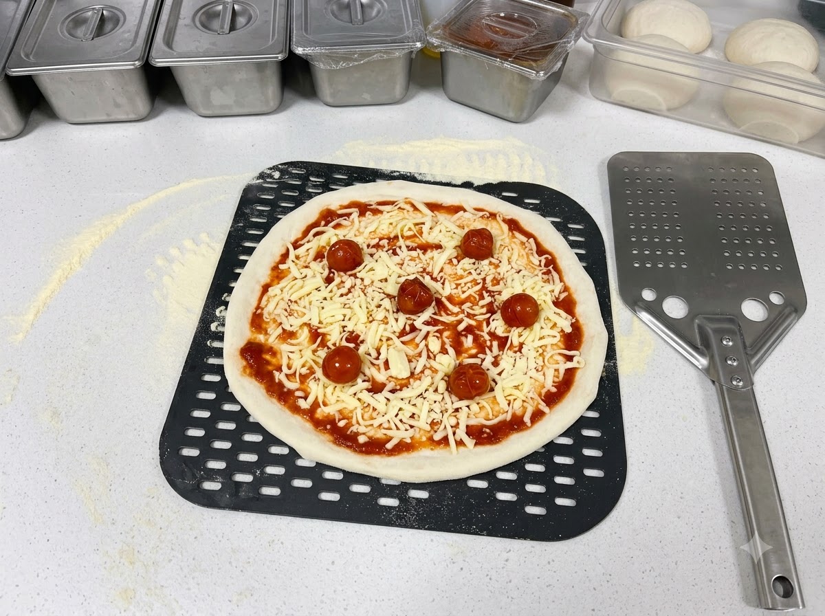 Marynowane pomidorki koktajlowe umieszczane za pomocą szczypiec na pizzy pokrytej serem.