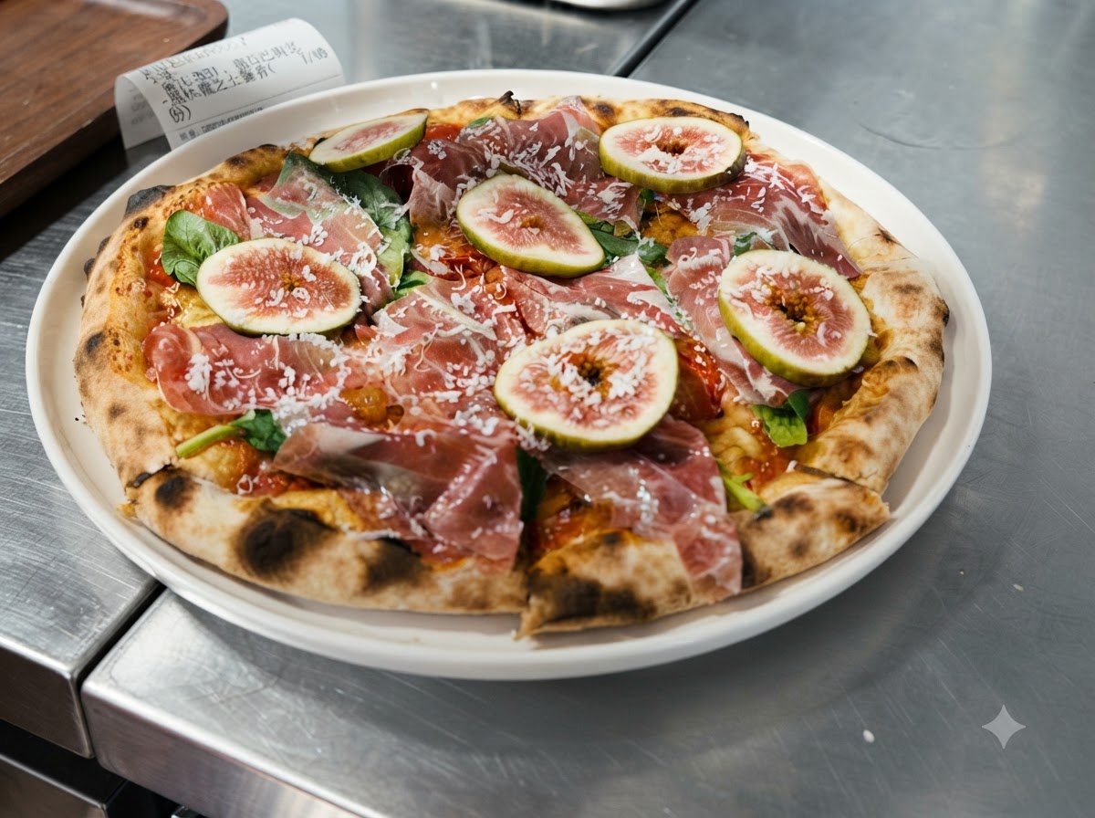 Świeżo starty ser opadający na przygotowaną pizzę przyozdobioną prosciutto i figami.