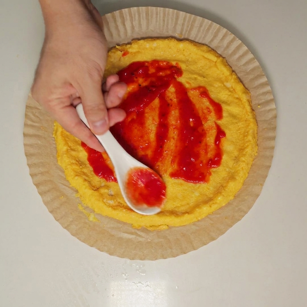Łyżka rozprowadzająca żywy czerwony sos pomidorowy równomiernie po okrągłym spódzie pizzy.