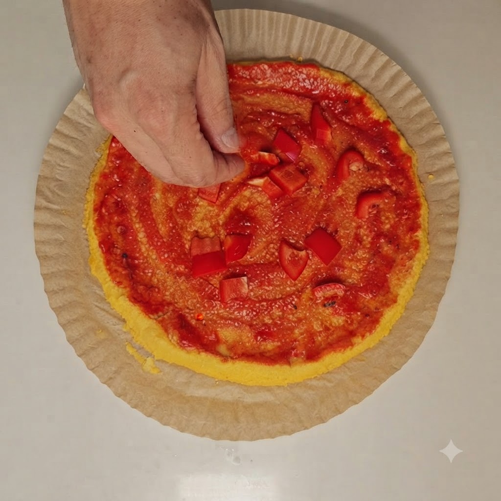 Osoba posypująca startym serem posiekaną paprykę na czerwonym spodzie sosu do pizzy.