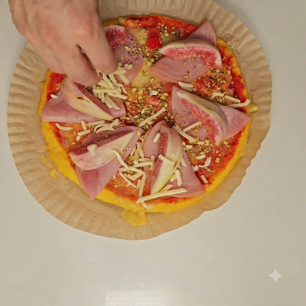 Ręka dodająca ostatnią posypkę tartego sera na figi i szynkę przed ostatecznym pieczeniem.