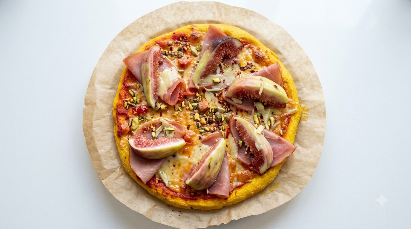 Domowa pizza posypana świeżymi plasterkami fig, szynką, pokruszonymi pistacjami i roztopionym serem, spoczywająca na brązowym papierowym podkładzie.
