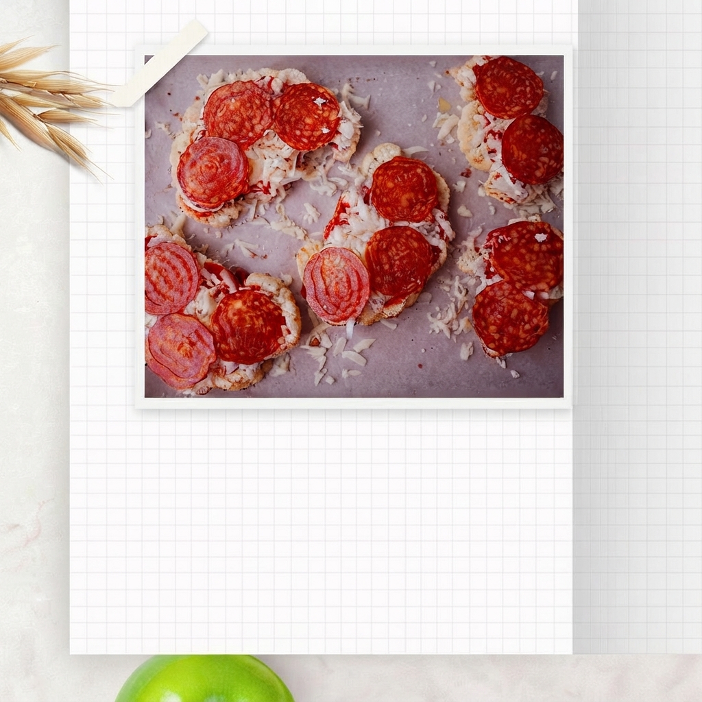 Widok z góry na przygotowane plastry kalafiora pokryte sosem pomidorowym, roztopionym serem i plasterkami pepperoni na papierze do pieczenia.