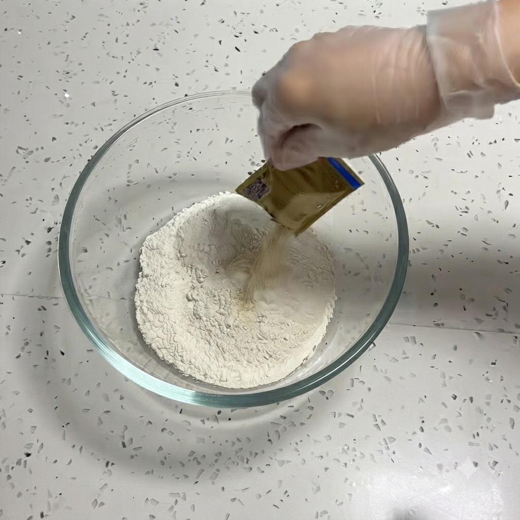 Ręka w rękawiczce wsypująca suche drożdże z małej saszetki do miski z mąką.