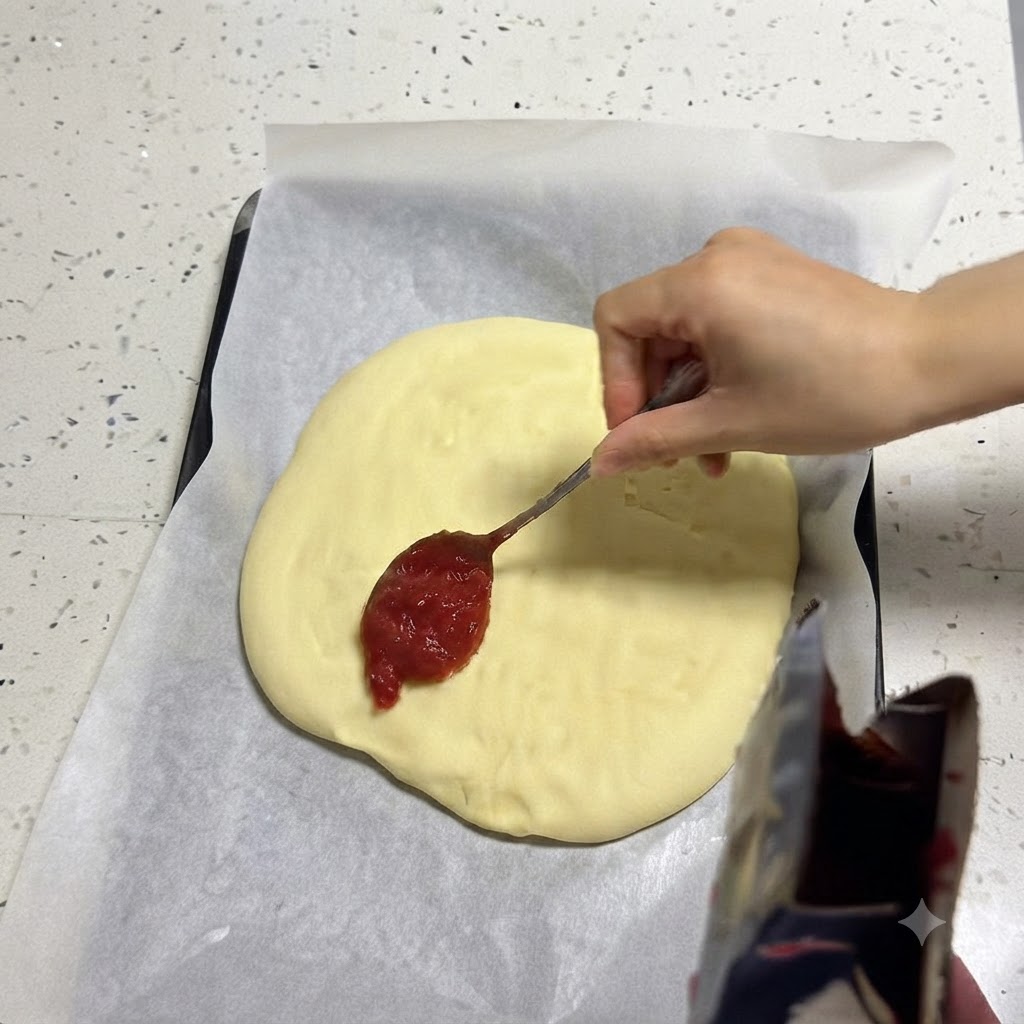 Dłoń używająca łyżki do rozsmarowania czerwonego sosu na podpieczonym spodzie pizzy.