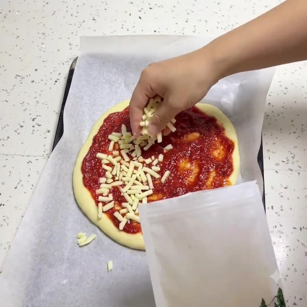 Dłoń posypująca startym serem z torebki spód pizzy pokryty czerwonym sosem.