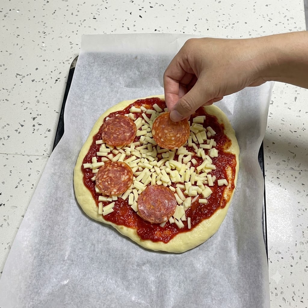 Ręka układająca okrągłe plastry salami na nieupieczonej pizzy przykrytej sosem i startym serem.