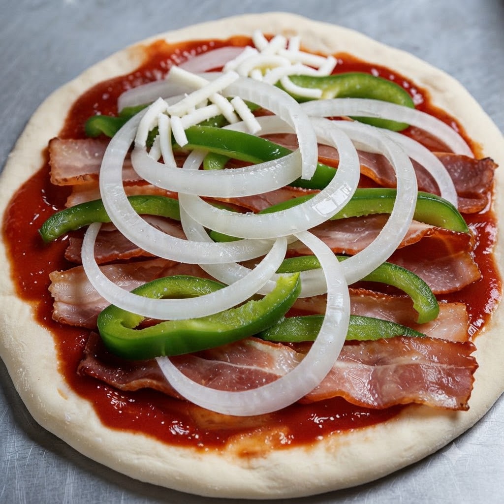 Spód pizzy pokryty sosem pomidorowym, boczkiem, krążkami cebuli, zieloną papryką i serem mozzarella.
