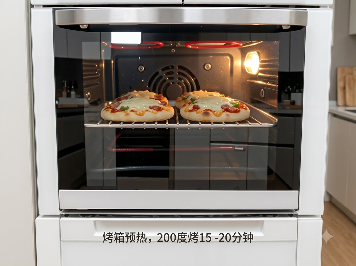 Dwie małe pizze piekące się w gorącym, rozgrzanym piekarniku z widocznymi grzałkami.
