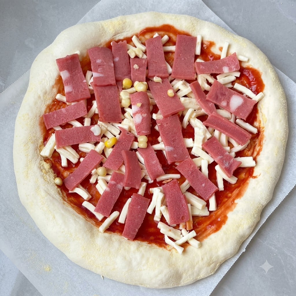 Surowa pizza z sosem, tartym serem, kawałkami boczku i ziarnami kukurydzy.