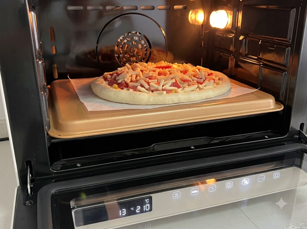 Surowa pizza wstawiona do nagrzanego, oświetlonego piekarnika na blaszce do pieczenia.