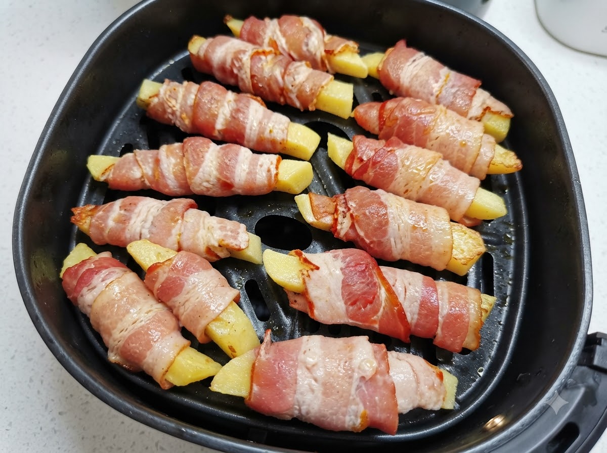 Ziemniaki w boczku ułożone w koszu frytkownicy beztłuszczowej, spryskiwane olejem z białej butelki.