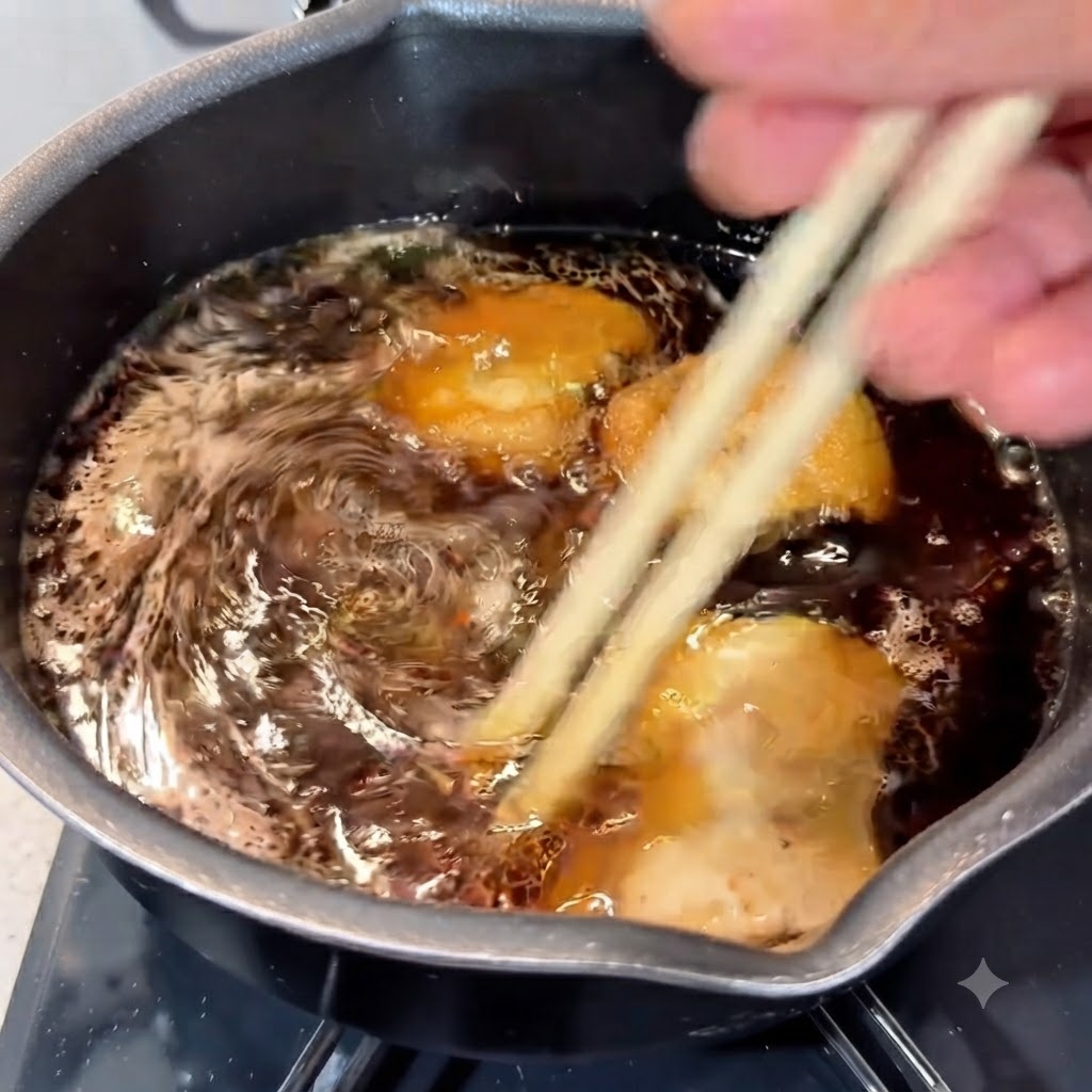 Ugotowany makaron ramen i boczek wieprzowy mieszane w gotującym się bulionie za pomocą drewnianych pałeczek.