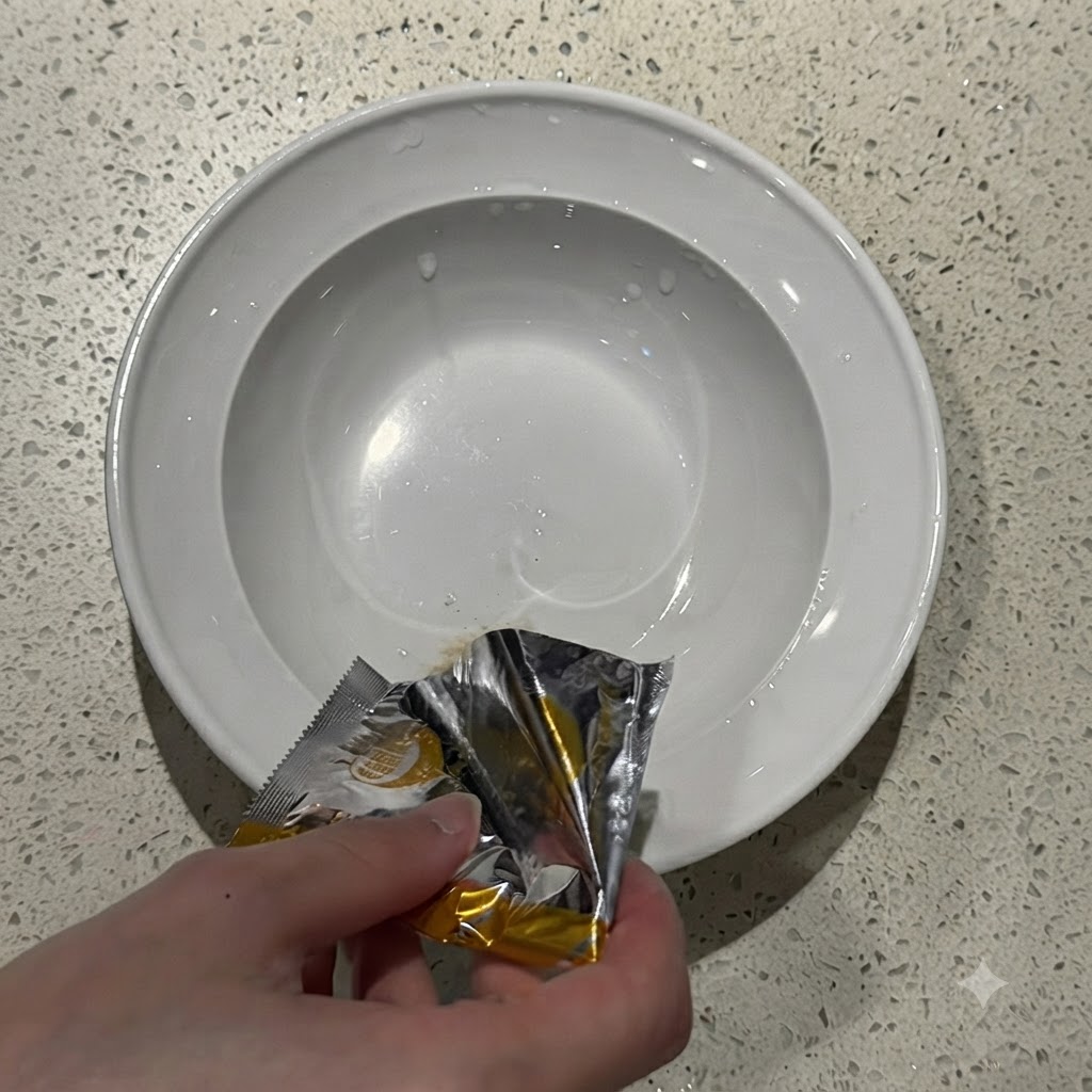 Proszek z przyprawą do ramenu wsypywany z srebnego opakowania na dno białej ceramicznej miseczki.