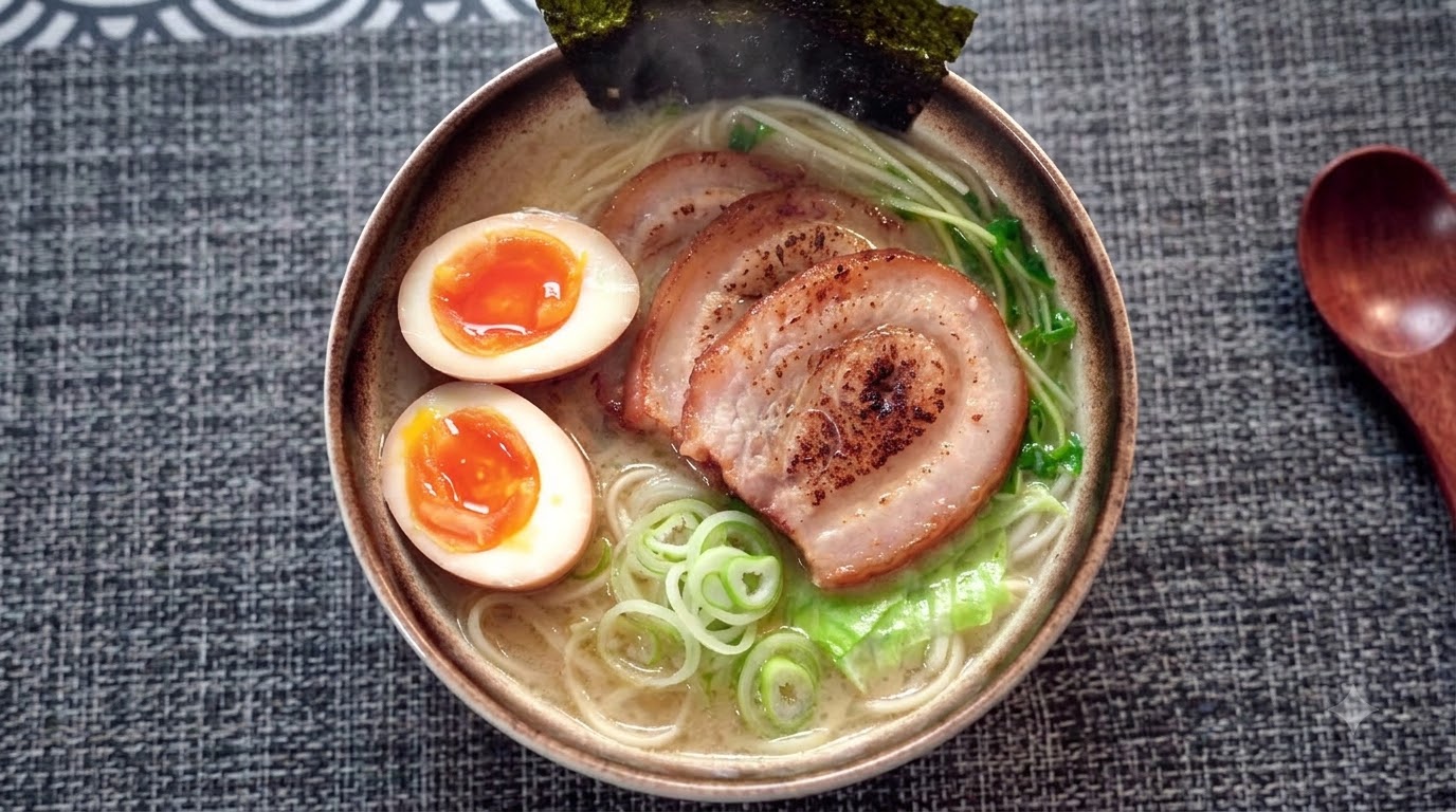 Bogaty Tonkotsu Ramen z Chashu i Jajkiem na Miękko