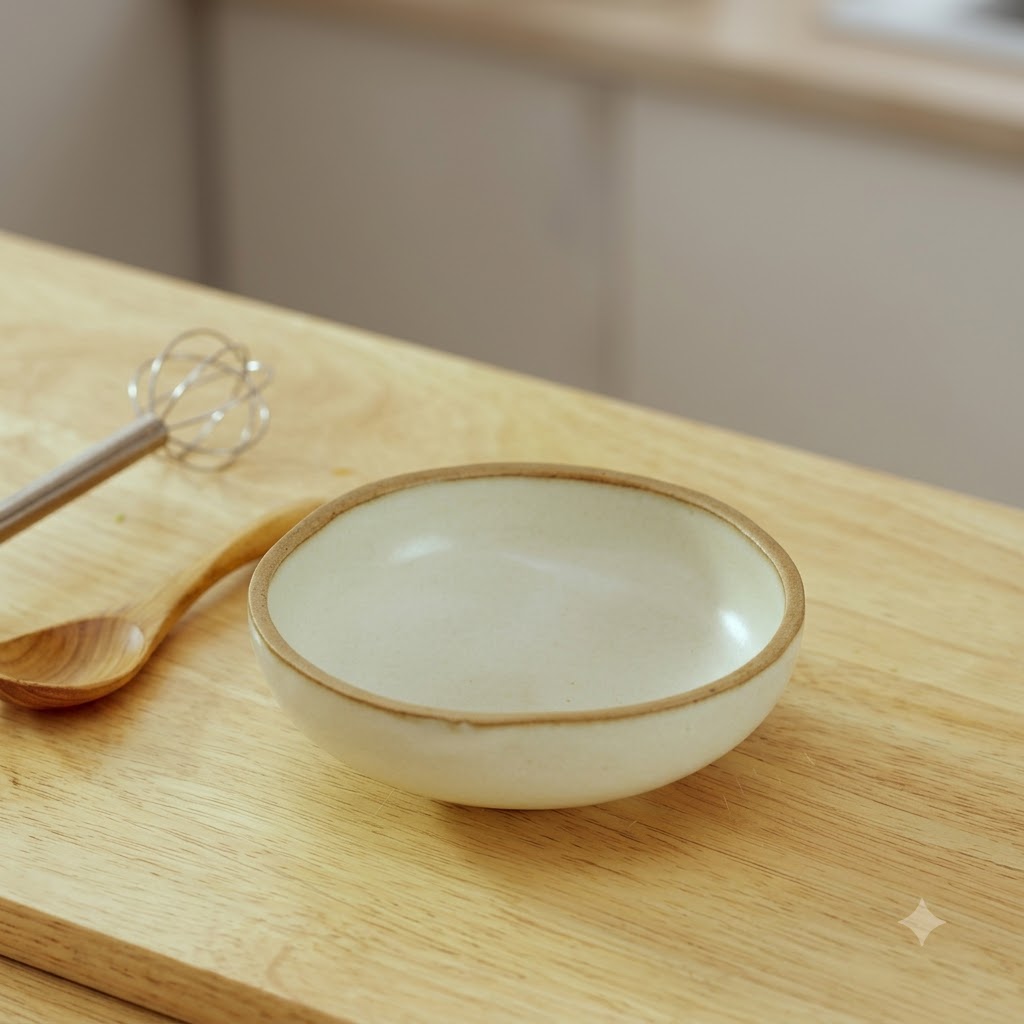 Pusta ceramiczna miska z małą trzepaczką i drewnianą łyżką spoczywającą na drewnianej powierzchni.