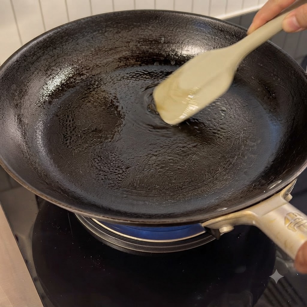Czarna patelnia z olejem mieszana za pomocą silikonowej łopatki na palniku.