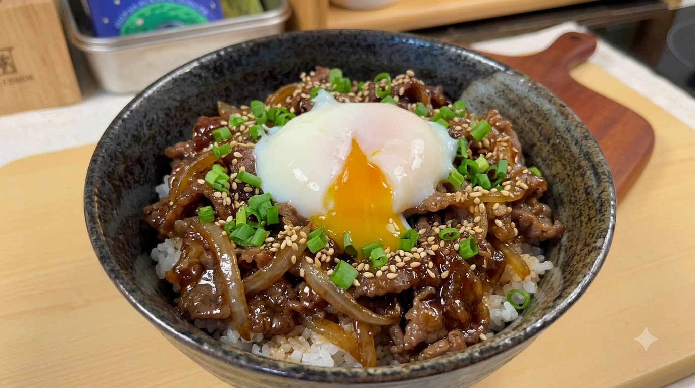 Japońska miska ryżu z wołowiną teriyaki i jajkiem onsen