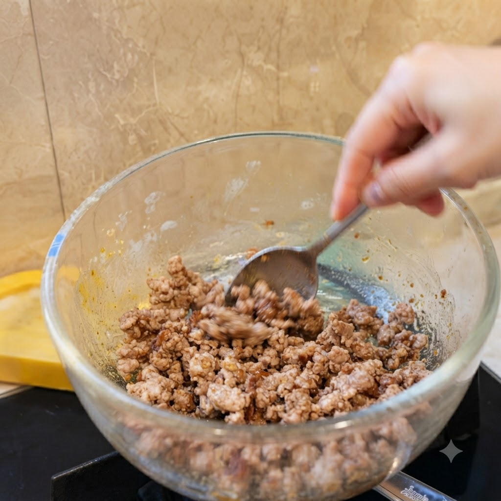 Doprawione mięso mielone w szklanej misce nabierane za pomocą łyżki.