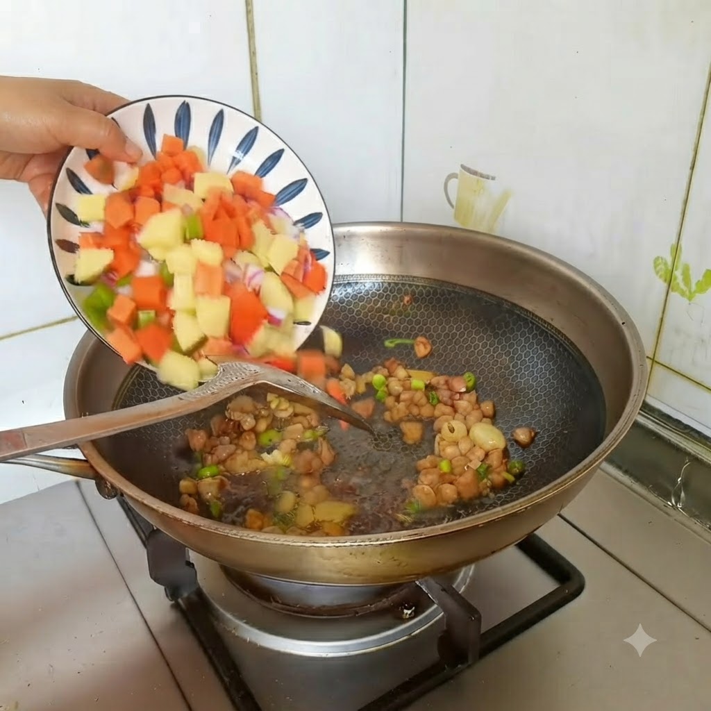 Talerz z kolorową kostką ziemniaków, marchewki i zielonej papryki wsypywany do woka.