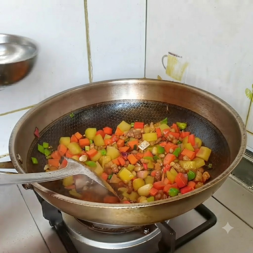 Woda wlewana z małej miseczki do woka ze składnikami przed dodaniem kostki curry.