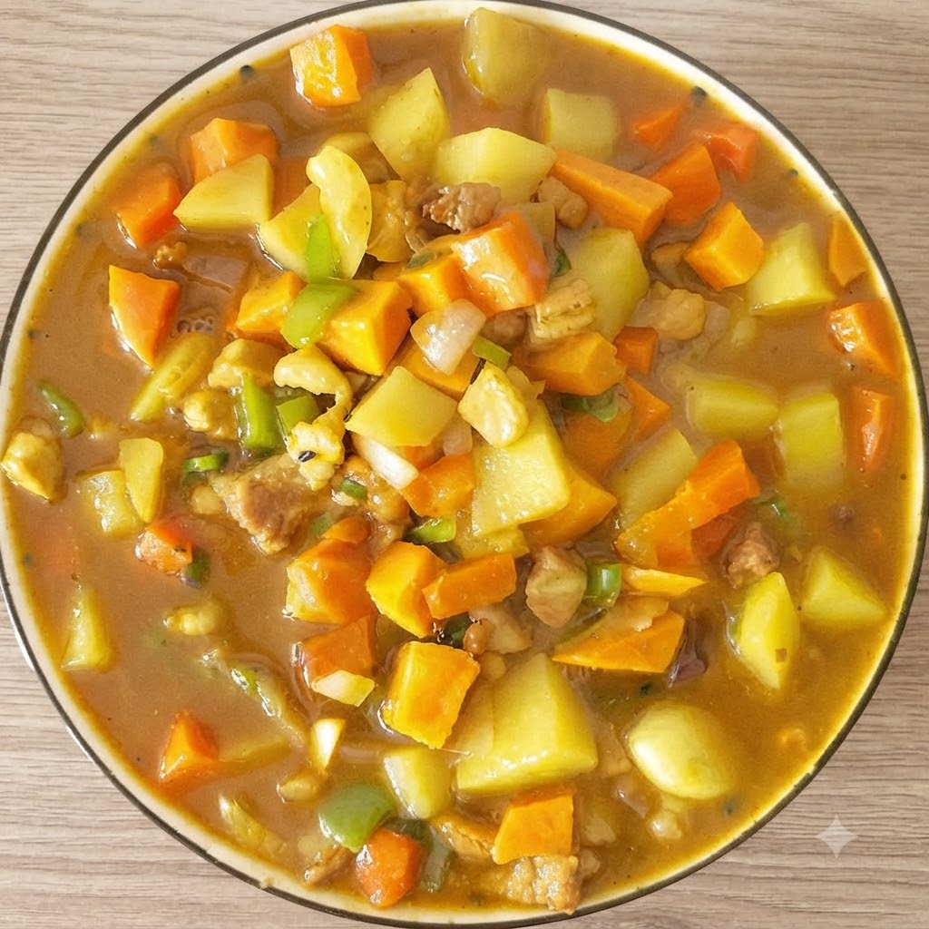 Stała kostka curry wrzucana do gotującego się woka wypełnionego warzywami i wywarem.
