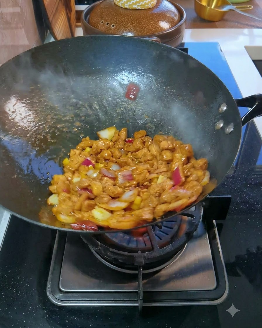 Pokrojona wieprzowina i czerwona cebula podrzucane w powietrzu w gorącym woku nad otwartym płomieniem gazowym.