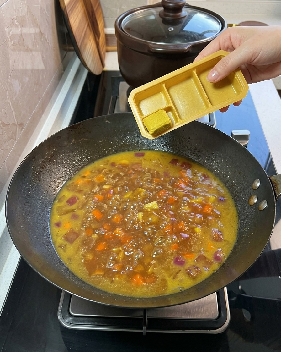 Stałe kostki curry dodawane z plastikowej tacki do gotującej się mieszaniny warzyw i bulionu.