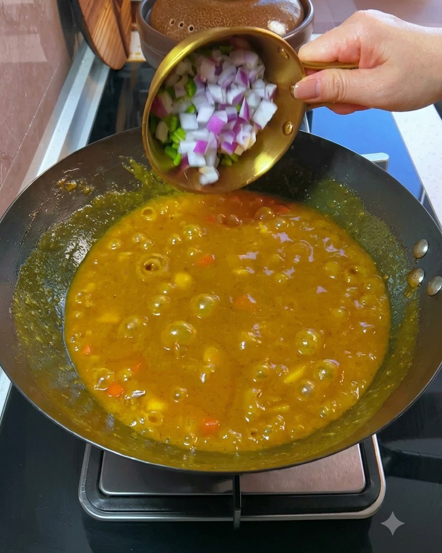 Posiekana zielona cebulka i czerwona cebula dodawane do gęstniejącego, bulgoczącego sosu curry w woku.