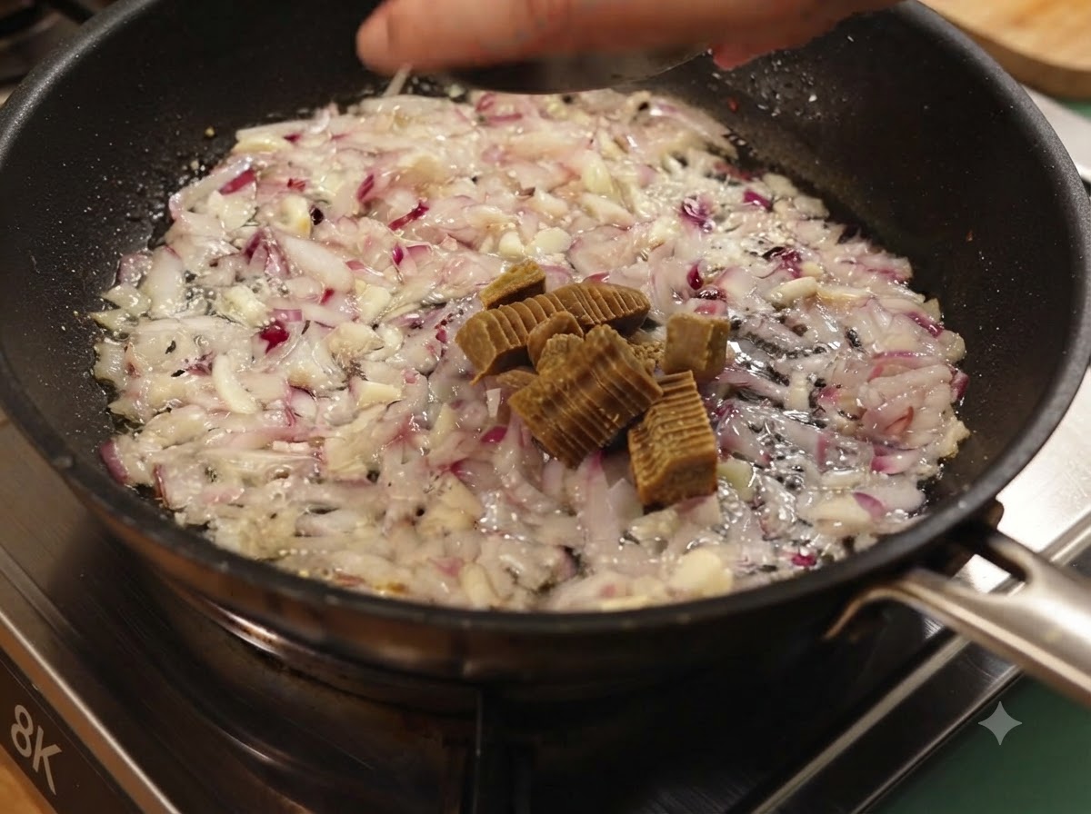 Pokrojone kostki curry dodawane do podsmażonej cebuli i czosnku na patelni.