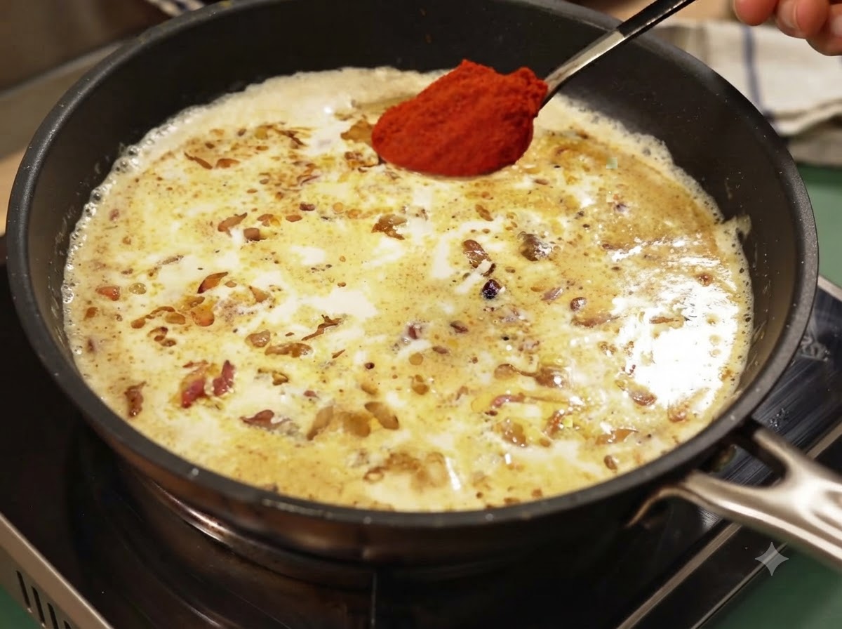 Łyżka czerwonej słodkiej papryki w proszku trzymana nad kremowym sosem curry.