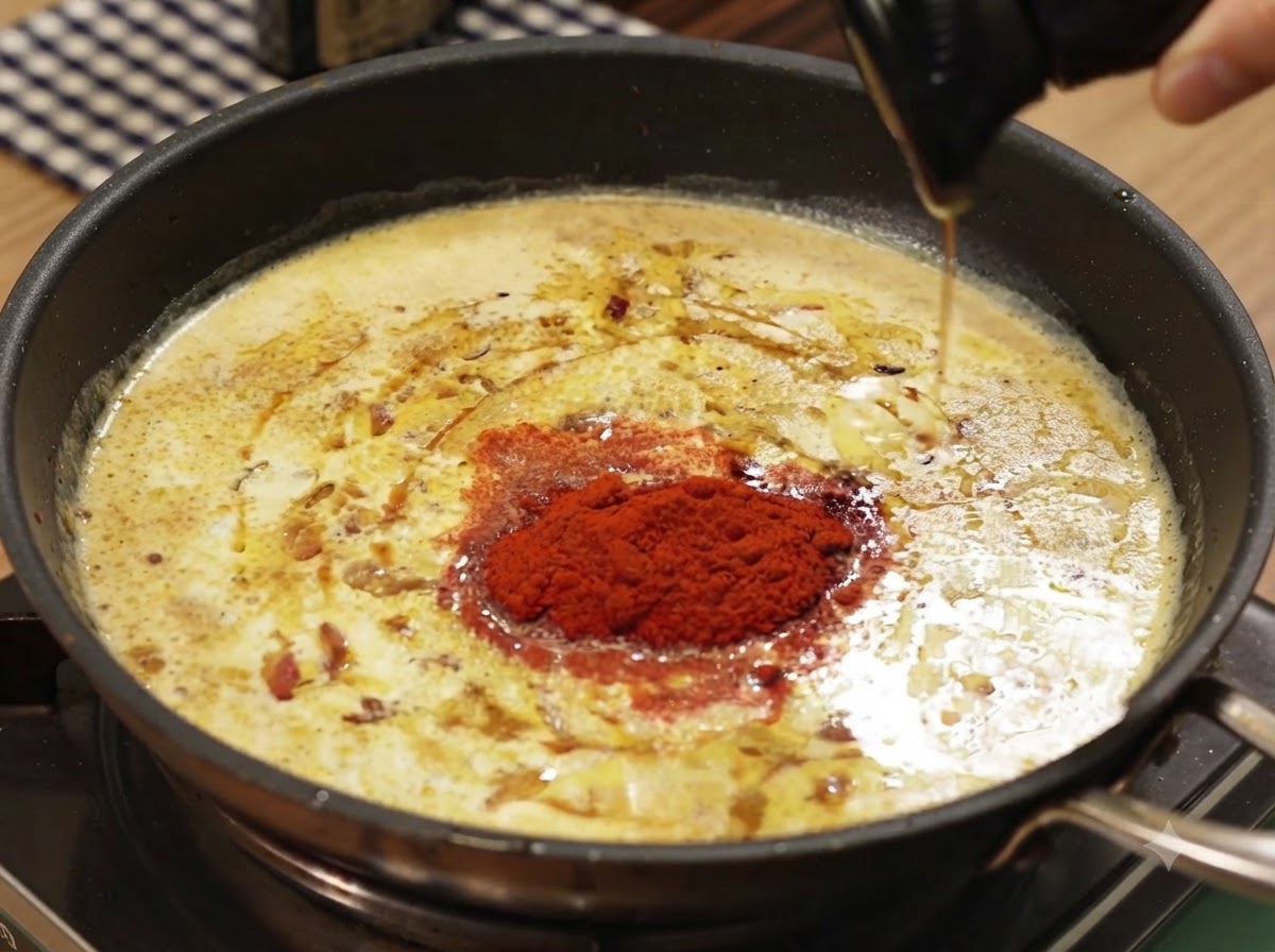 Ciemny płynny sos przyprawowy wlewany z chochelki do bulgoczącego sosu curry.