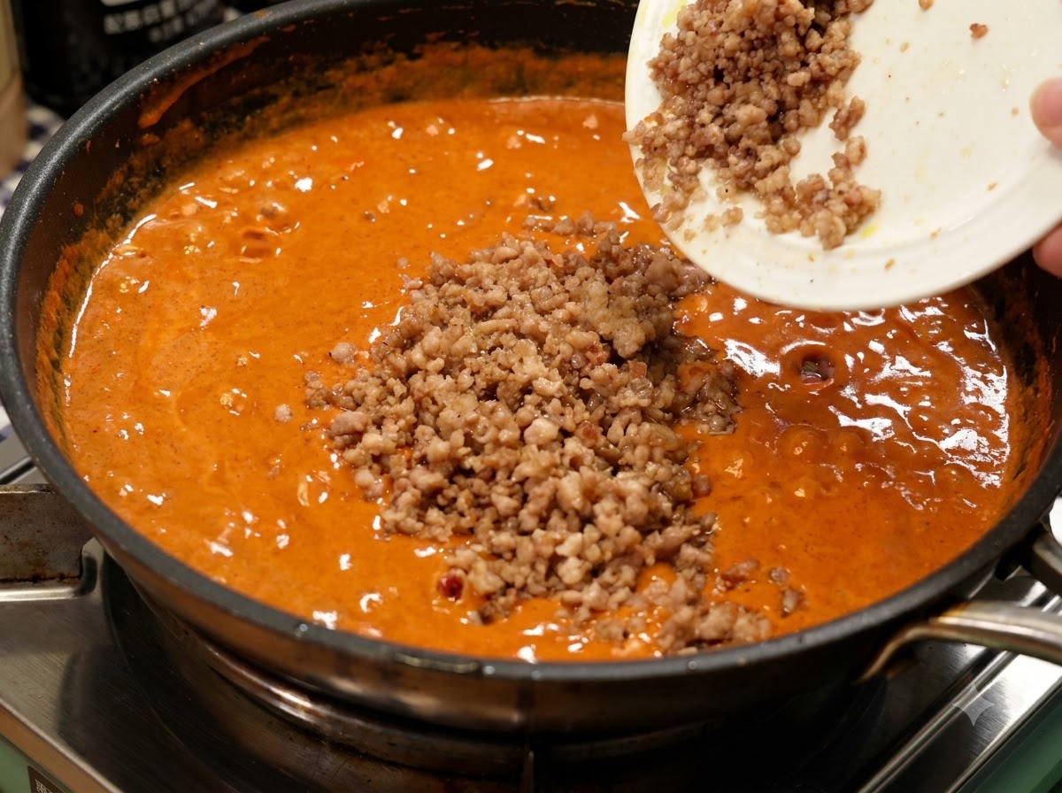 Ugotowana mielona wieprzowina przekładana z białego talerza do patelni z bogatym pomarańczowym sosem curry.