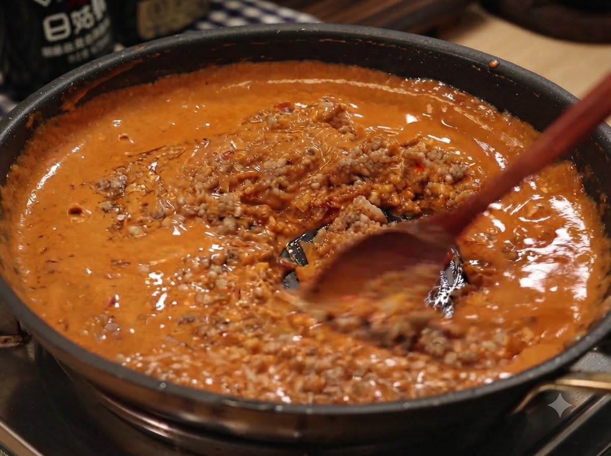 Drewniana łyżka mieszająca ugotowaną mieloną wieprzowinę w bogatym pomarańczowym sosie curry na patelni.