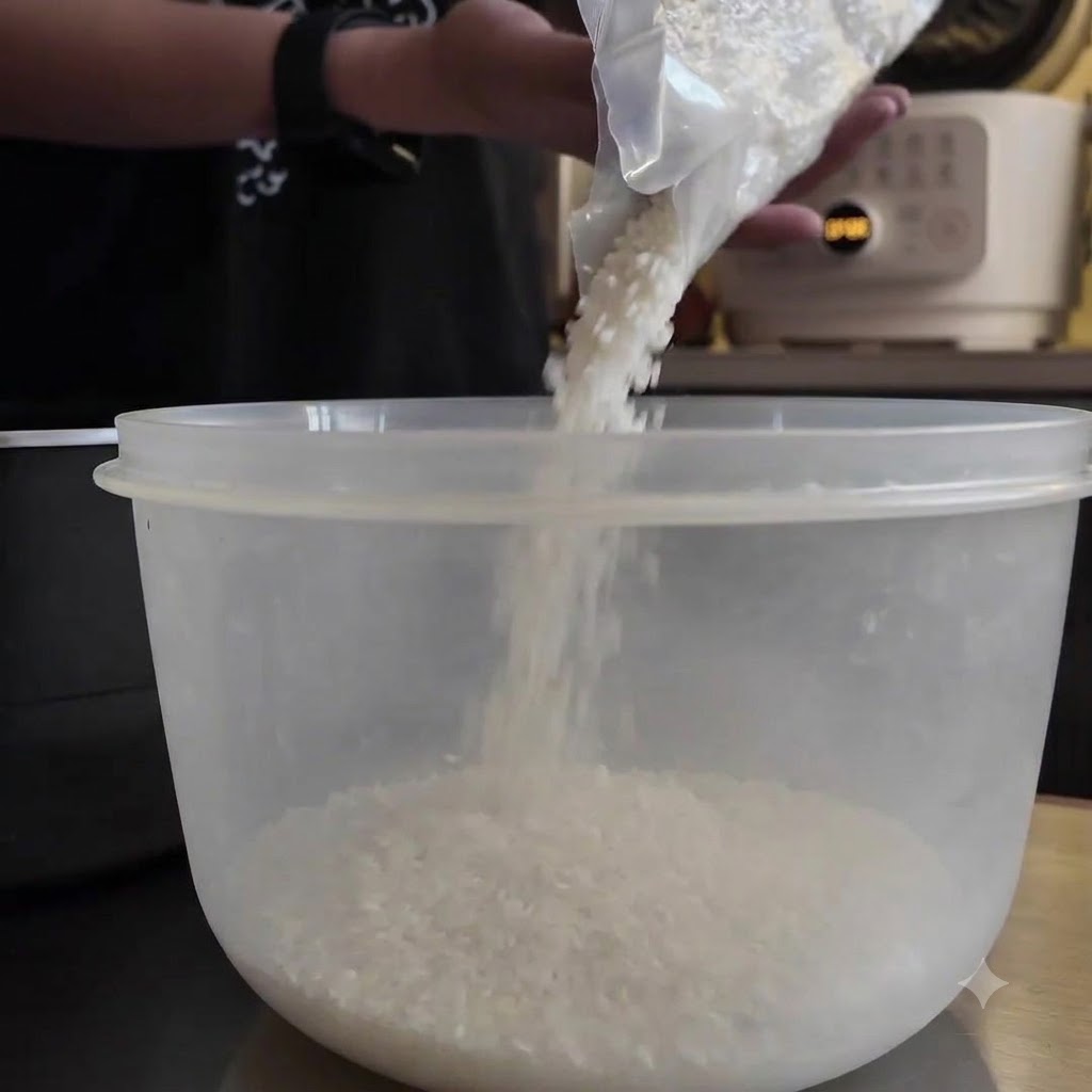 Osoba przesypująca ziarna surowego białego ryżu z plastikowego woreczka do przezroczystej plastikowej miski.