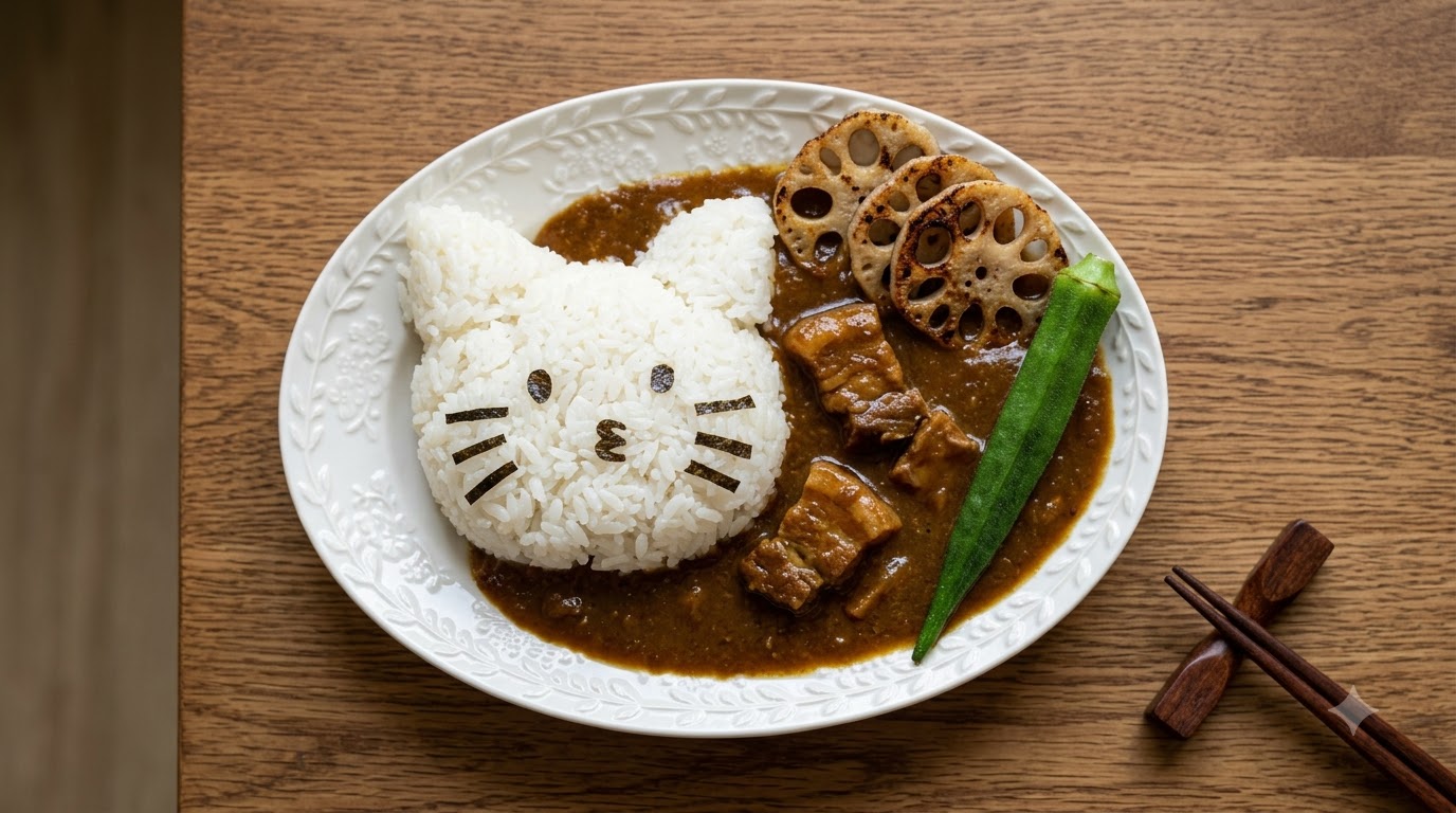 Bogate Curry z Boczkiem Wieprzowym i Ryżem w Kształcie Kota