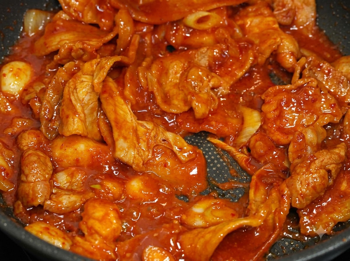 Cienkie plasterki wieprzowiny smażone na ciemnej patelni w gęstym, wyrazistym czerwonym sosie chili.