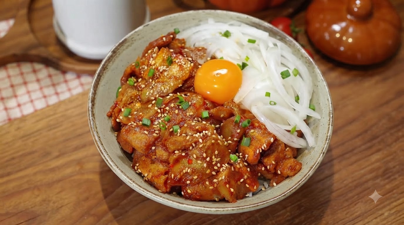 Koreańska pikantna miska ryżowa z boczkiem wieprzowym (Jeyuk Dupbap)