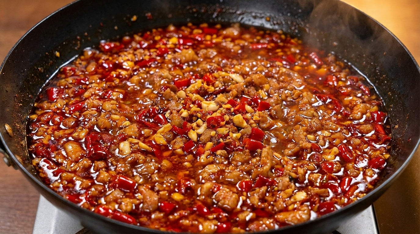 Domowy pikantny sos chili z mięsem po syczuańsku