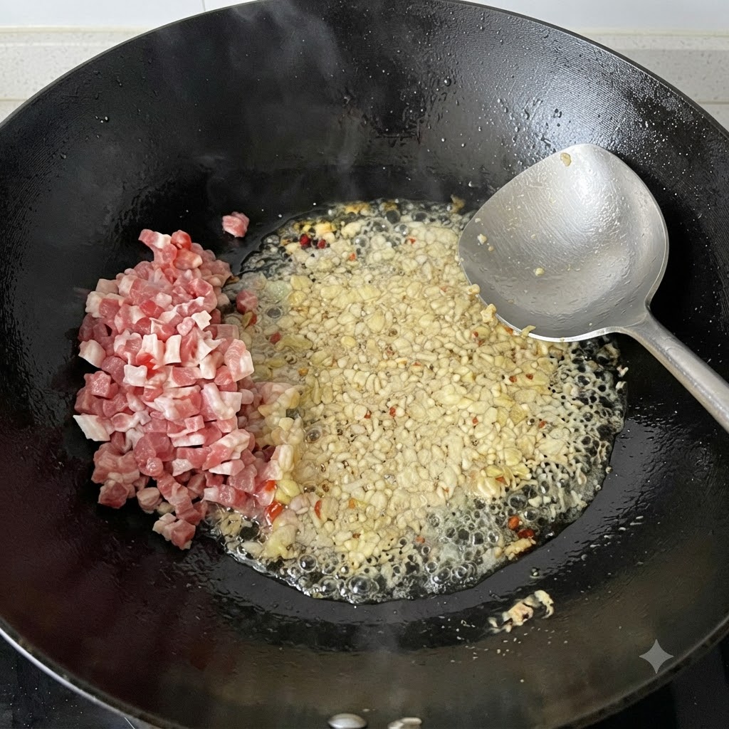 Pokrojone mięso i mieszanka aromatyczna smażone w wokucite: 1.