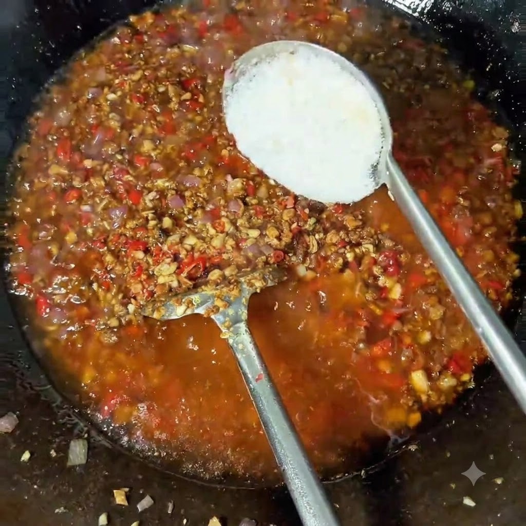 Łyżka białej pasty i proszek chili dodawane do woka z gotującymi się składnikamicite: 1.
