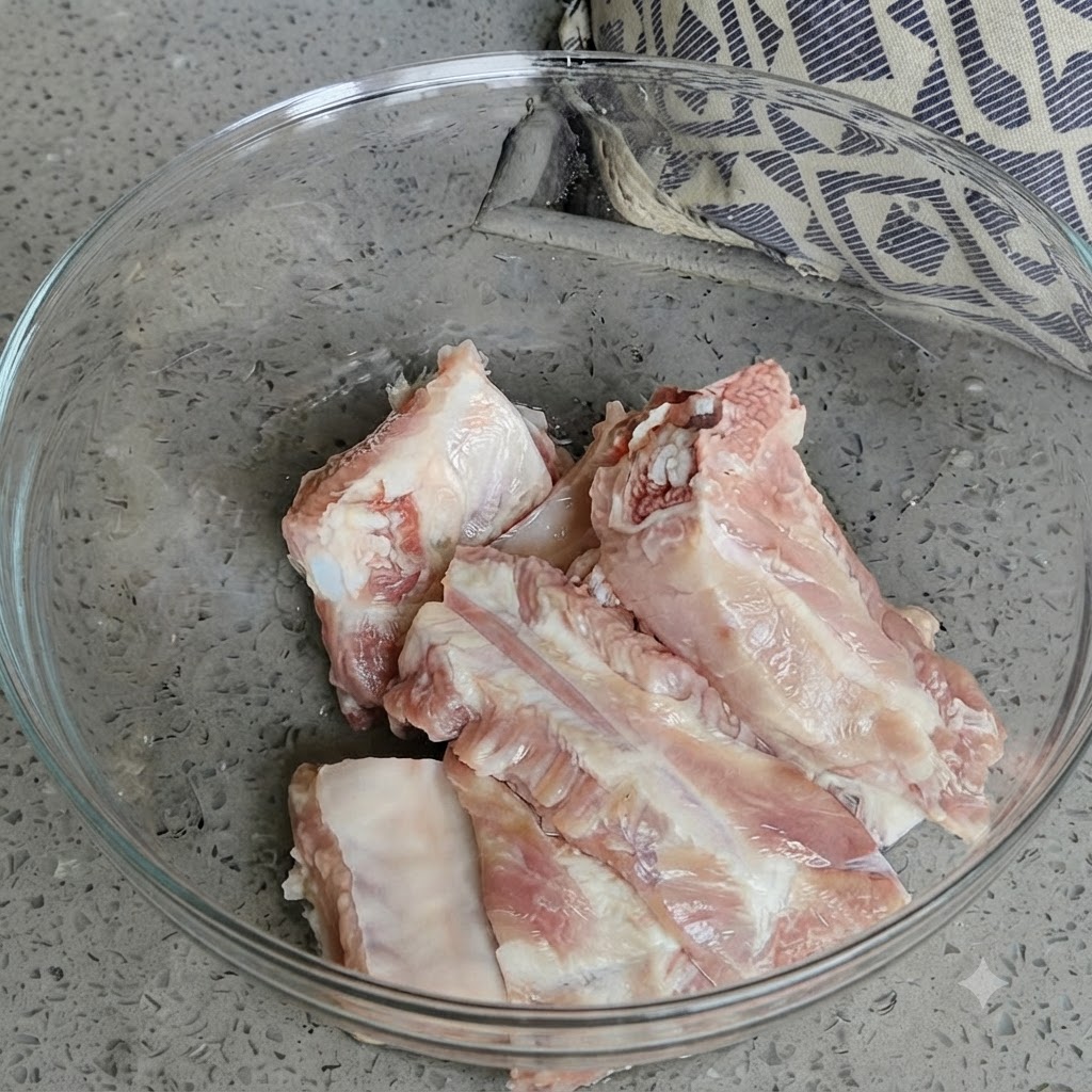 Butelka wlewająca miód na świeże, surowe kawałki wieprzowiny ułożone w przezroczystej misce.
