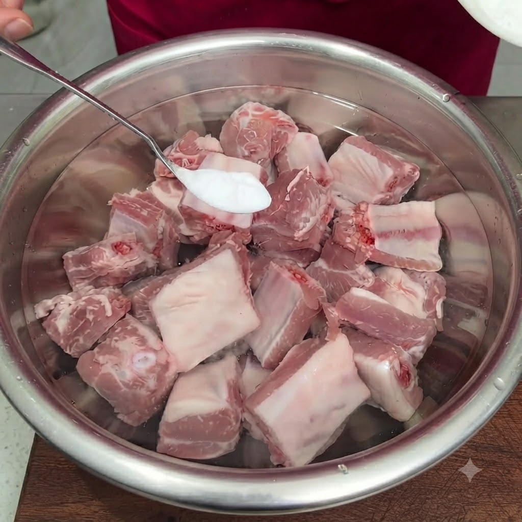 Łyżeczka białej sody oczyszczonej dodawana do surowych żeberek moczących się w metalowej misce z wodą.