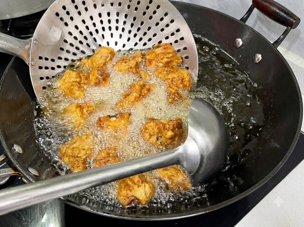 Łyżka cedzakowa trzymająca usmażone żeberka w mocno bulgoczącym, gorącym oleju w woku.