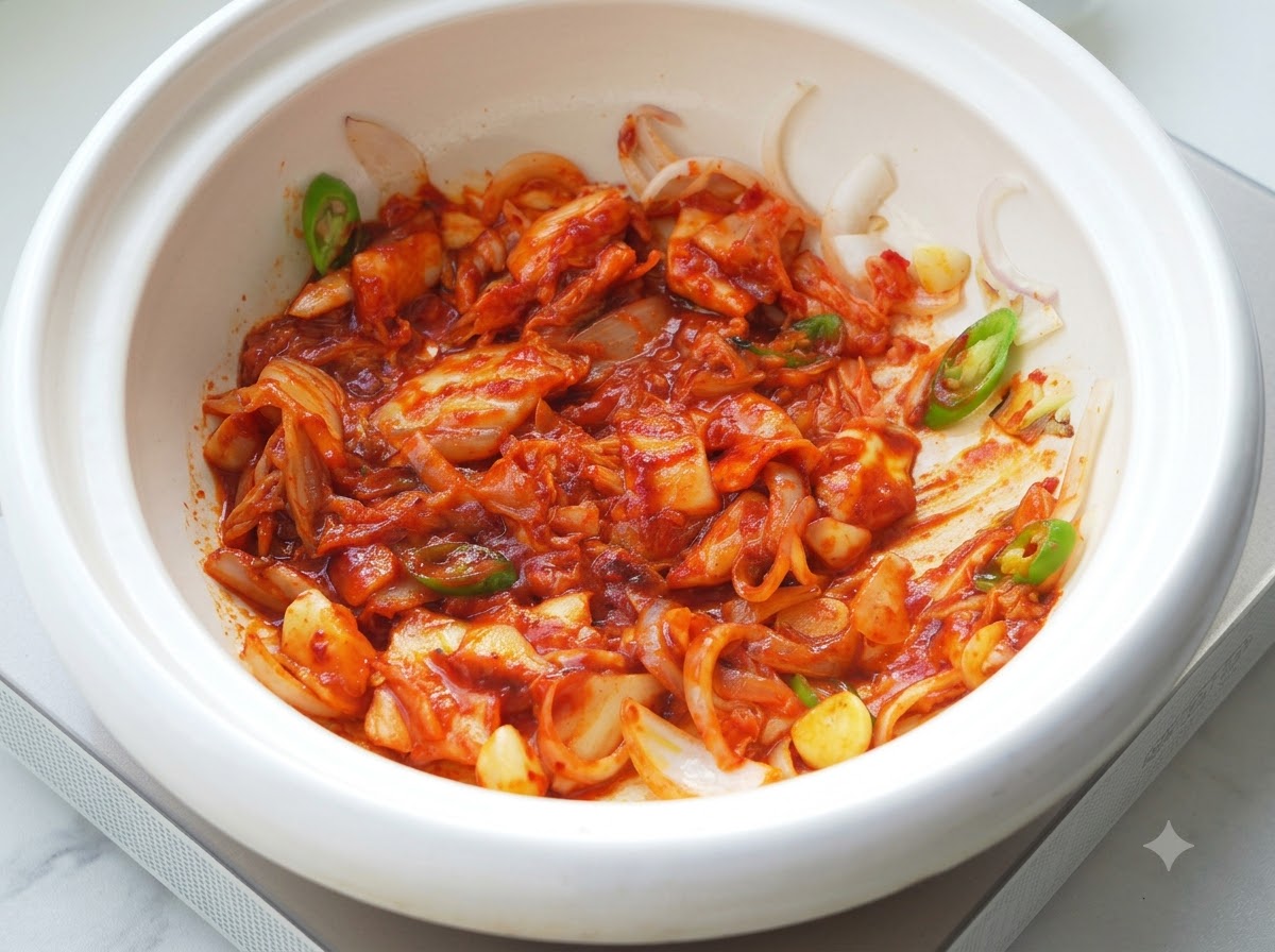 Czerwona, pikantna baza gulaszu wymieszana z kimchi i pastą, gotująca się w garnku.