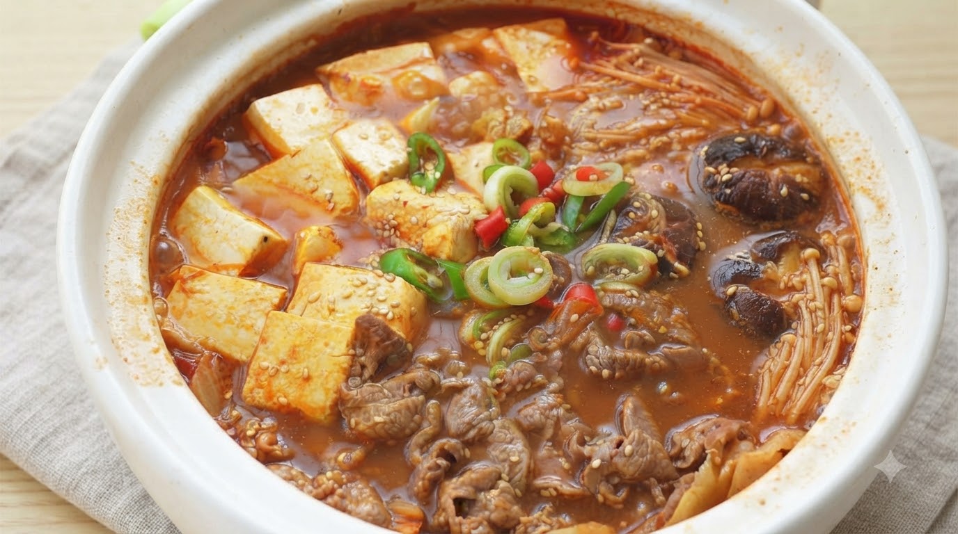 Bulgoczący garnek koreańskiego gulaszu wołowego z tofu, wypełniony delikatną wołowiną, kostkami miękkiego tofu, grzybami i wyrazistym, czerwonym, pikantnym bulionem.