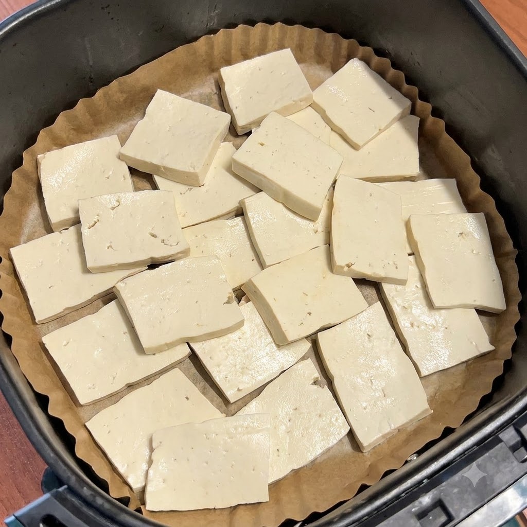 Surowe, pokrojone twarde tofu ułożone płasko na papierze do pieczenia wewnątrz kosza frytkownicy powietrznej.