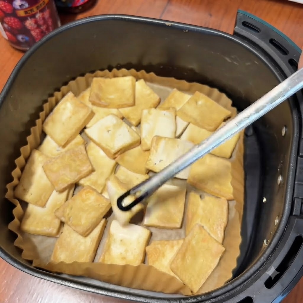 Metalowe szczypce obracające lekko przyrumienione, częściowo ugotowane plastry tofu leżące na papierze do pieczenia w koszu frytkownicy powietrznej.
